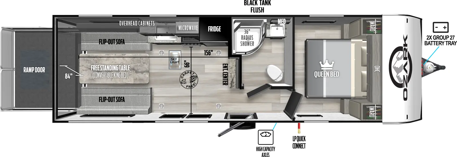 The Ozark 2500THK floorplan is a toy hauler that has one entry and zero slide outs. Exterior features include: fiberglass exterior and 15' awning. Interiors features include: front bedroom.